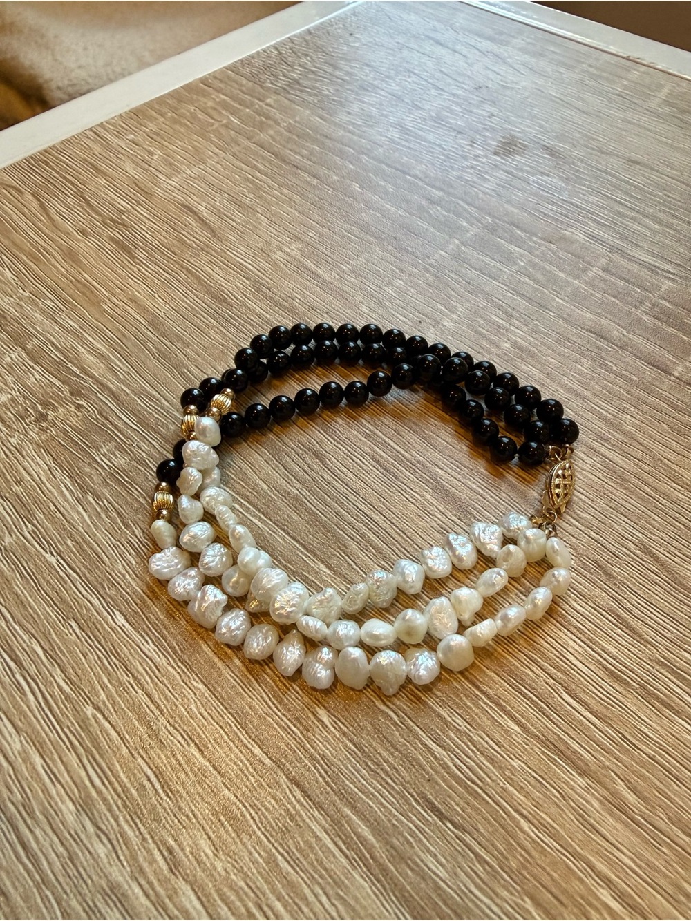 Vintage Fresh Water Pearl & Black Onyx 14K Gold Beaded Bracelet